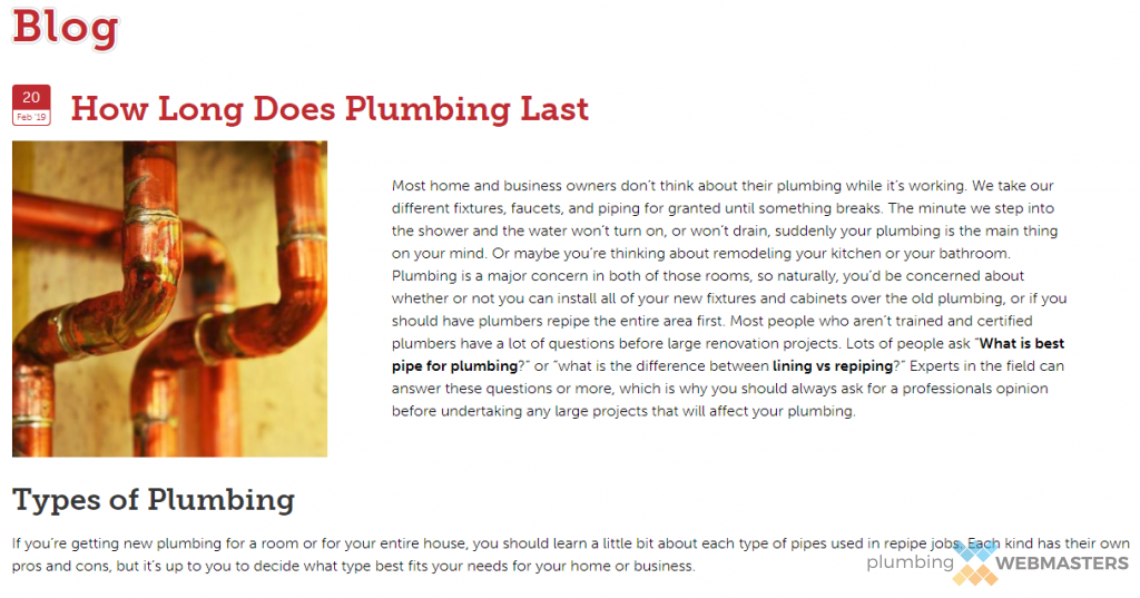 Screenshot of Plumbing Blog Post