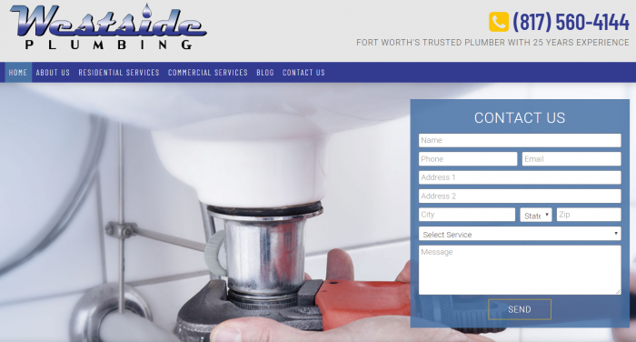 Westside Plumbing's Homepage Landing Screen