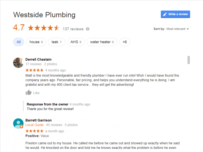 A Couple of Reviews From Westside's Google Reviews