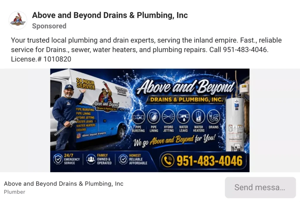 Above and Beyond Drains and Plumbing Meta Ad