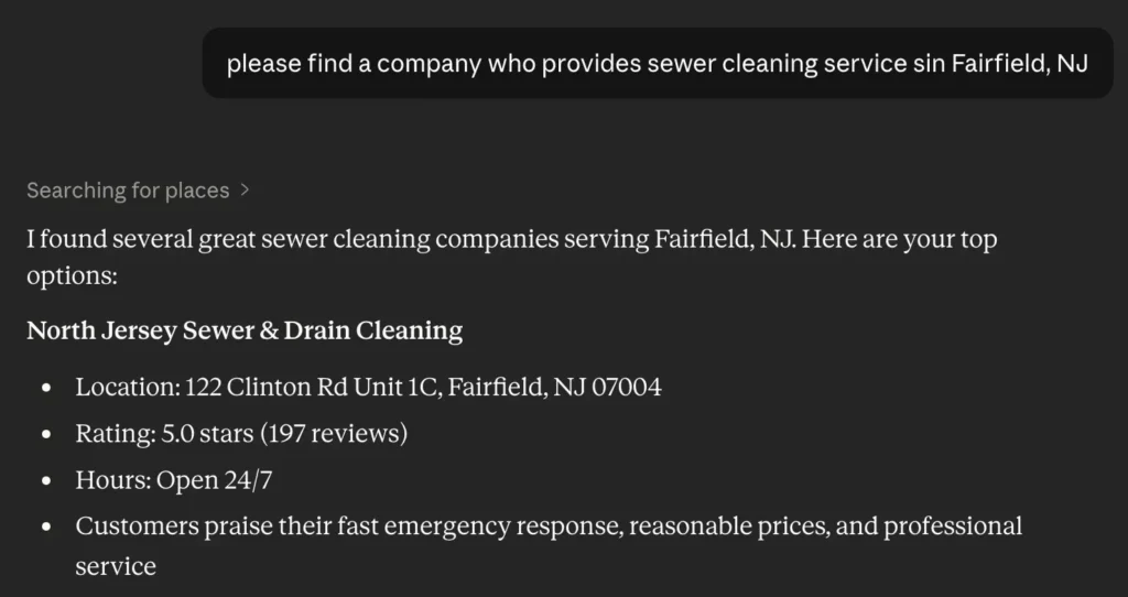 Screenshot Showing Plumber Ranking in Claude Answer Using GEO