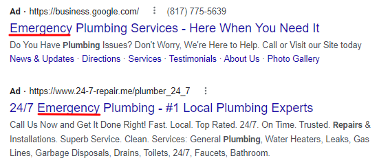 Google Ads PPC Screenshot for Emergency Plumber