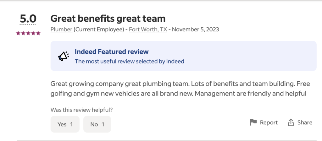 Employee user generated content for plumbing company on Indeed