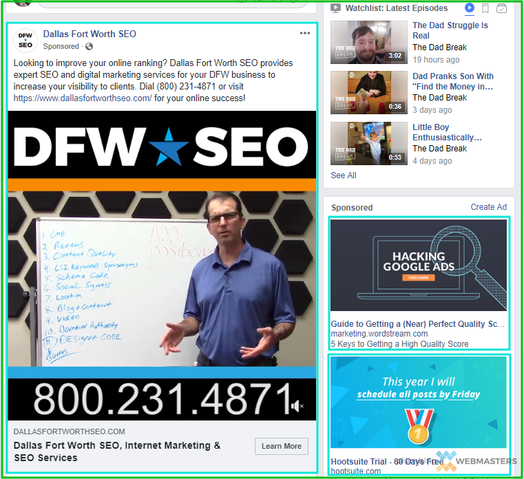 Screenshot of On-Page Facebook Ad Positions