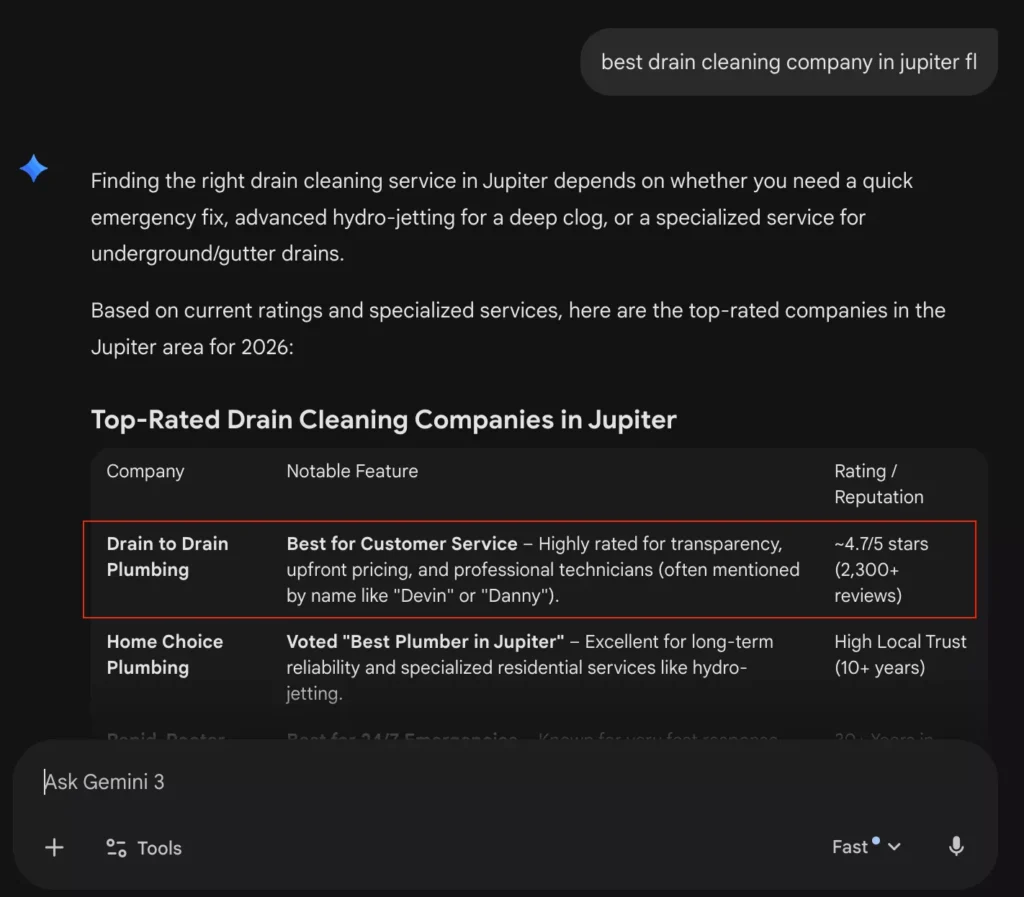 Screenshot Showing Plumber Rank on Google Gemini Using AI SEO