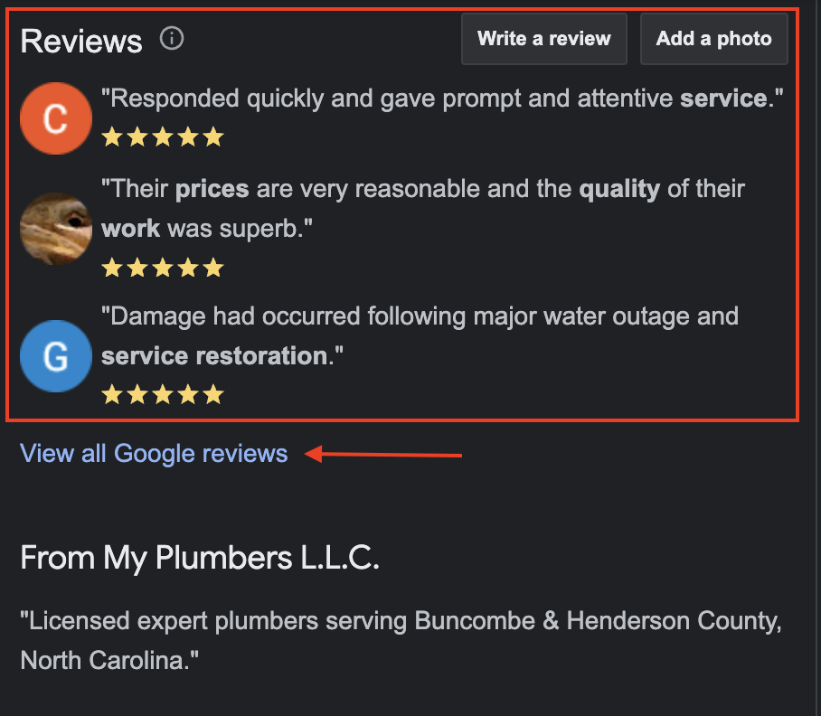 Google Reviews for Plumbing Company (Screenshot)