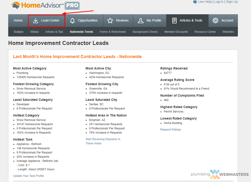 HomeAdvisor Lead Center Screenshot