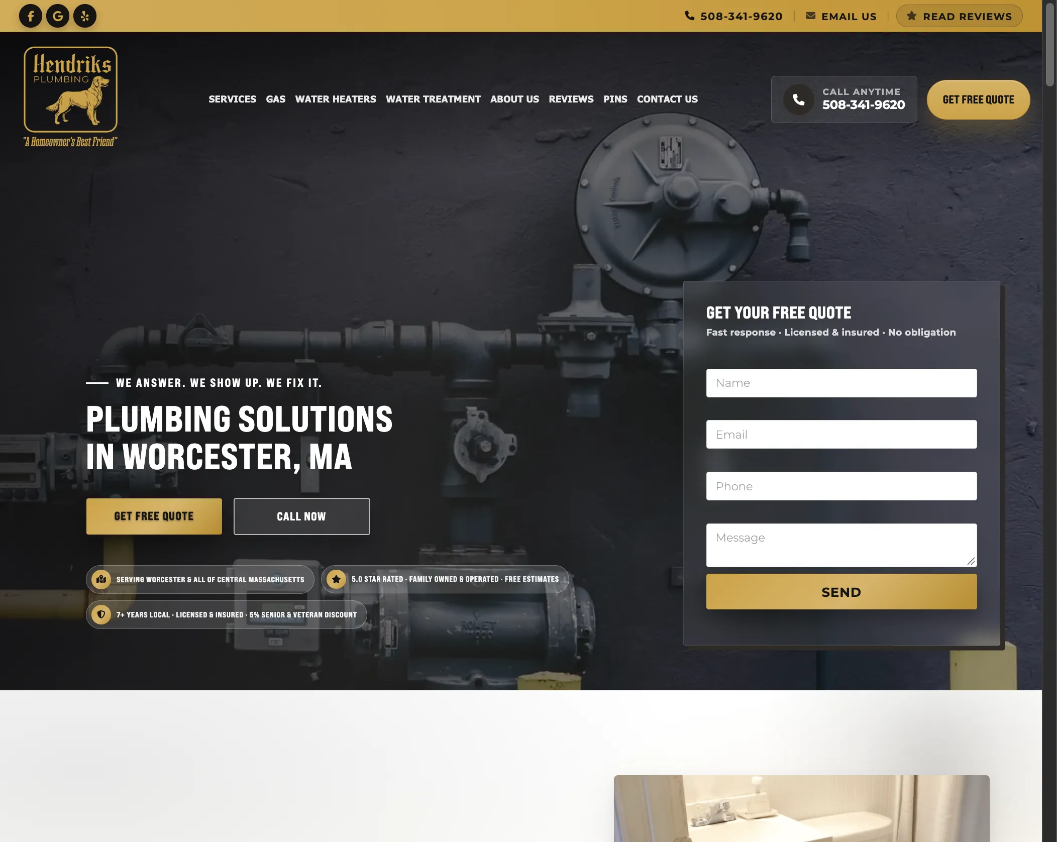 Hendriks Plumbing homepage with free quote form