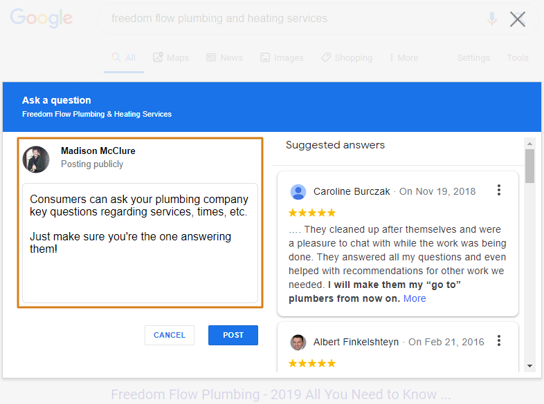 The Question and Answer Section of a Plumbing Company's Knowledge Graph