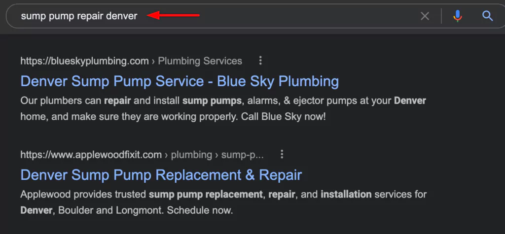 Local Plumber Keyword Ranking (Google Screenshot)