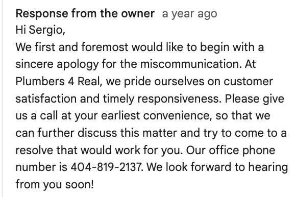 Example of professional response to negative plumbing review