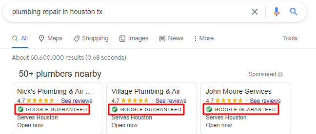Screenshot of Google Guaranteed for Plumbers 
