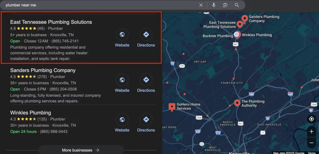 Near Me Map Pack Screenshot of Plumber Near Me Ranking on Map 3-Pack