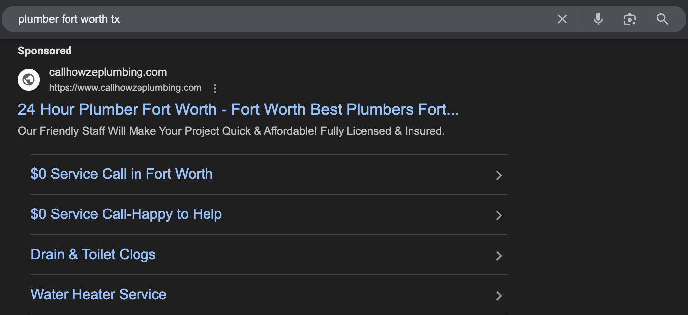 Screenshot of Plumber PPC Ad on Google SERP