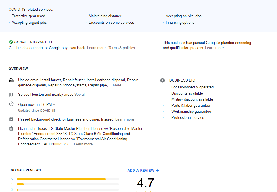 Screenshot of Plumbing Contractor Google Guarantee Profile