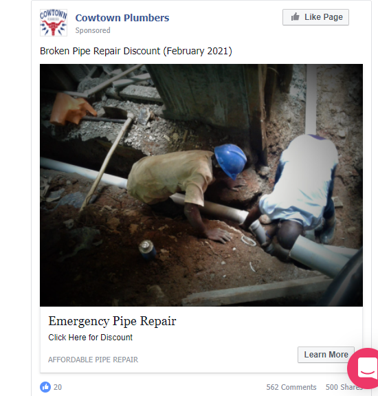 Plumbing Facebook Ad Example