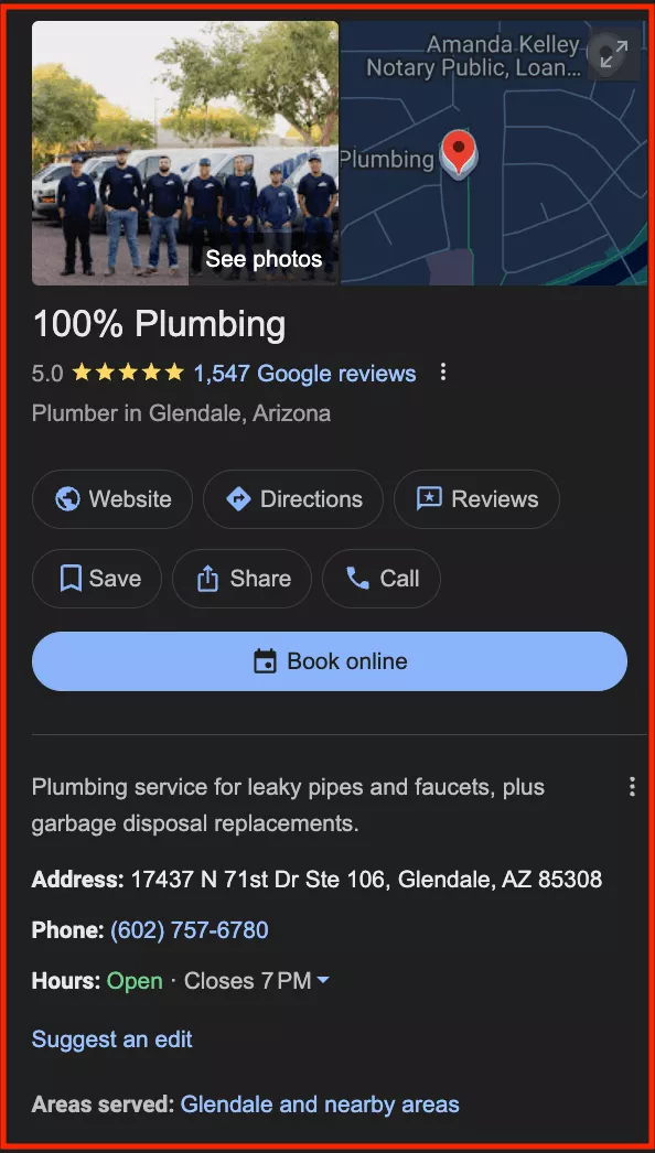 Plumbing Google Business Profile Example 2026 Screenshot of Google Business Profile for Local Plumbing Company in 2026