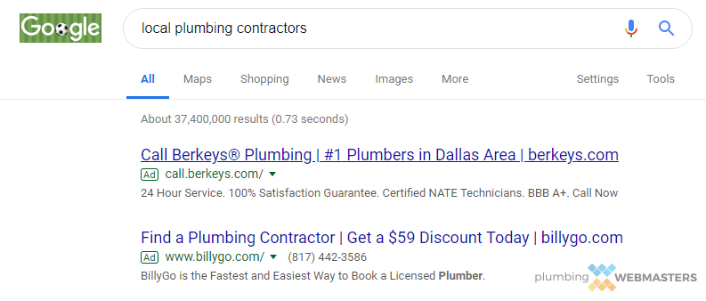 Plumbing Paid Search Results An Example of Ranking #1 on Google Through PPC