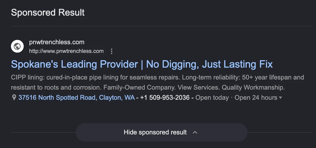 Plumbing PPC Google Ads Example Plumbing PPC Google Ads Example