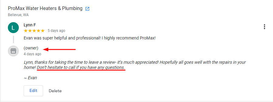 Plumbing Review Response Screenshot from Google Business Profile