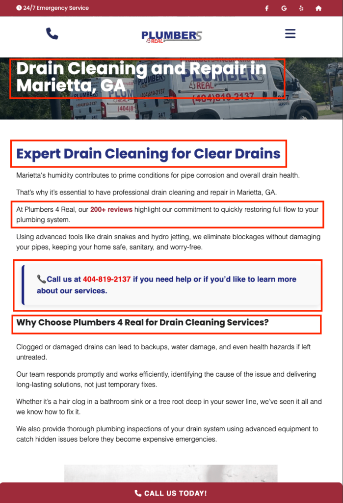 Screenshot of optimized plumbing service page