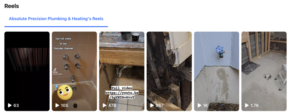 Screenshot of Facebook Reels Section from One of Plumbing Webmasters' Clients