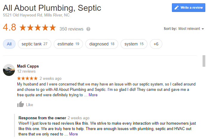 Customers Brag on All About Plumbing and Septic
