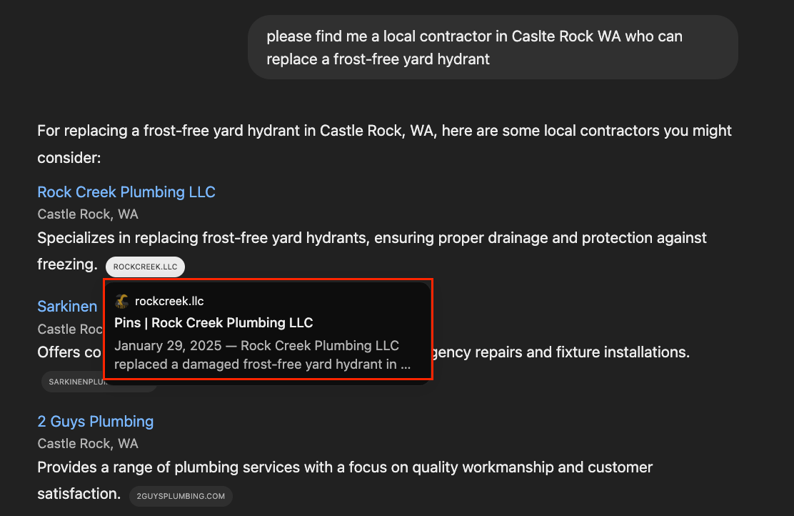 ChatGPT Screenshot Showing Rock Creek Pins Ranking