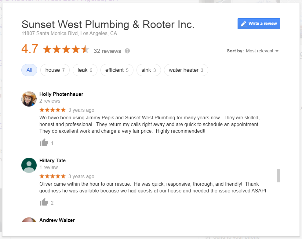 Screenshot of Review for Sunset West Plumbing